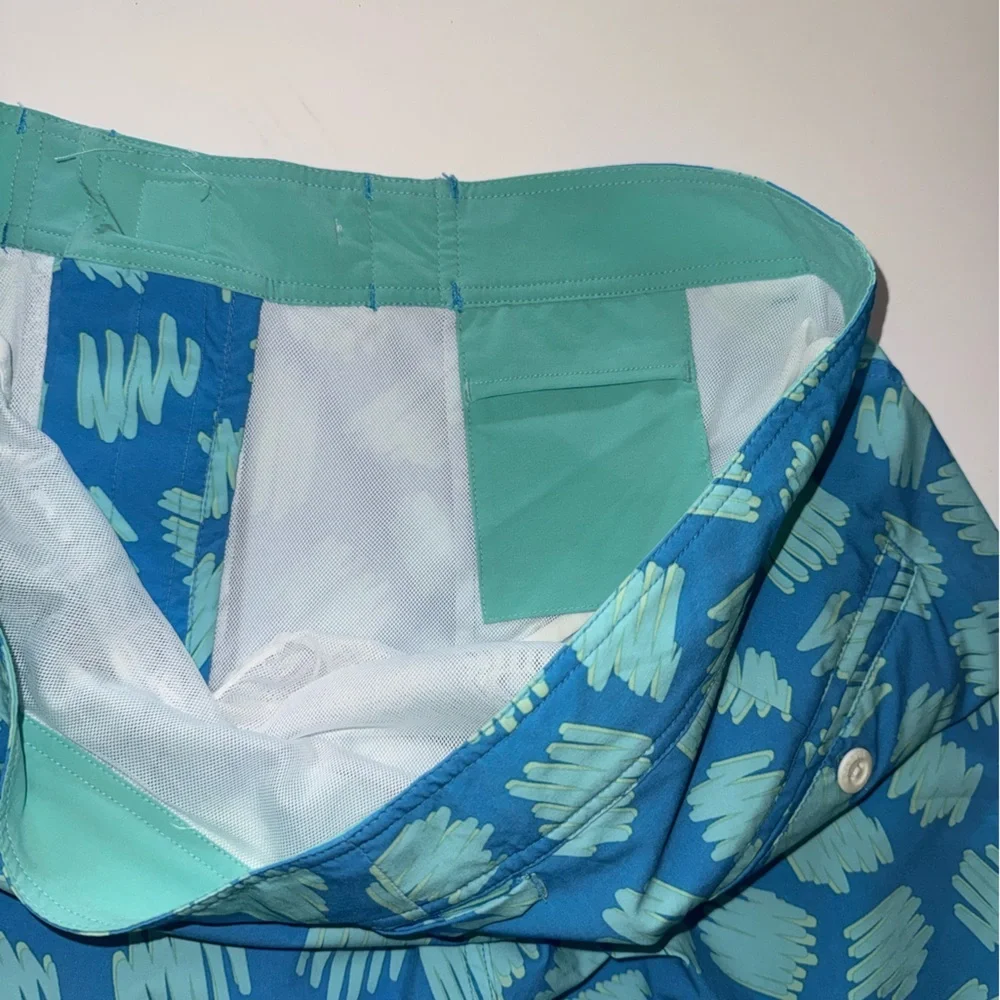 Bonobos Men's Riviera Recycled Swim Trunk Sz Med Teal Scribble